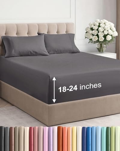 Extra Deep Twin Sheet Set - 4 Piece Breathable and Cooling Sheets - Grey