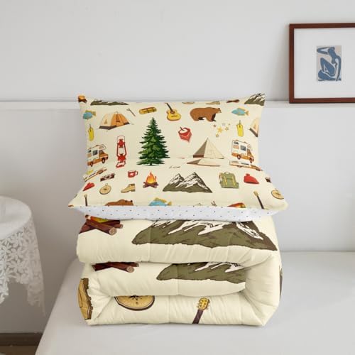 Camping Adventure Comforter Set King Size for Boys Teens Girls Kids Room Decor Cartoon Bear Tent Mountain Tree Quilt Set Outdoor Life Bedding Set 3pcs Traveling Lover Duvet Insert,2 Pillowcases