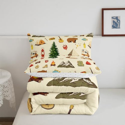 Camping Adventure Comforter Set King Size for Boys Teens Girls Kids Room Decor Cartoon Bear Tent Mountain Tree Quilt Set Outdoor Life Bedding Set 3pcs Traveling Lover Duvet Insert,2 Pillowcases