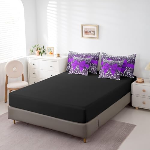 Erosebridal Purple Bowknot Bed in a Bag King Size Comforter Set 7 Pieces,Kawaii Bow Knot Sheet Set,Silk Ribbon Bedding Set,Glitter Sequin Print Diamond Bed Set Dreamy Princess Style Cute Dorm Decor