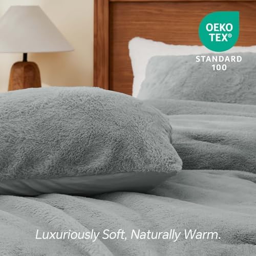 BEDELITE Faux Fur Twin Comforter Set Grey,Warm Bedding with 1 Pillowcase