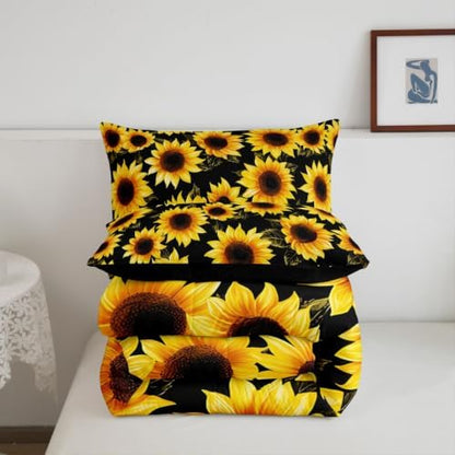 Sunflowers Comforter Set - Black & Yellow Sunflowers Print Bedding Set Twin Size for Kids Girls Women Room Decor,Cute Floral Bedding, 1 Soft Reversible Botanical Flowers Comforter and 1 Pillow Sham