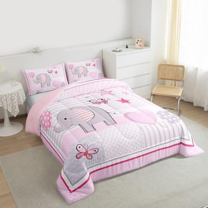 Homewish Cute Elephant Comforter Set Full Size,Balloon and Butterfly Bedding Set for Girls Women Adult Bedroom Decoration,Kids Geometric Bed Duvet Insert,Lovely Animals Comforter with 2 Pillowcase