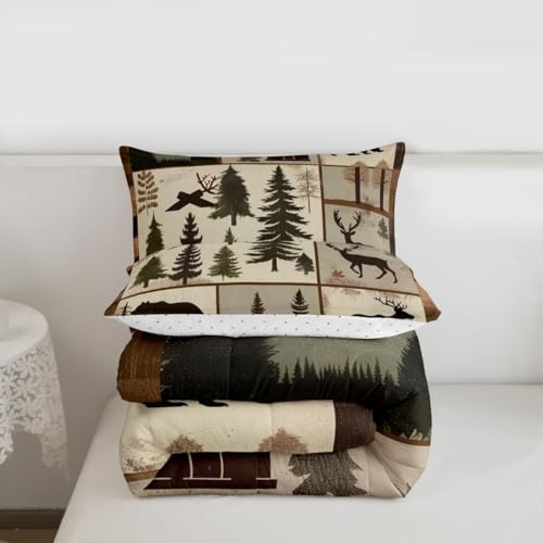 jejeloiu Bear Bedding Set Soft for Boys Girls, Deer Hunting Comforter Set Queen Size Wild Animal Duvet Quilt Microfiber Bedroom Decor 3 Pcs with 2 Pillow Cases