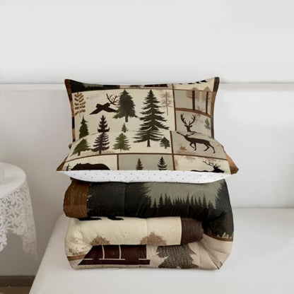 jejeloiu Bear Bedding Set Soft for Boys Girls, Deer Hunting Comforter Set Queen Size Wild Animal Duvet Quilt Microfiber Bedroom Decor 3 Pcs with 2 Pillow Cases