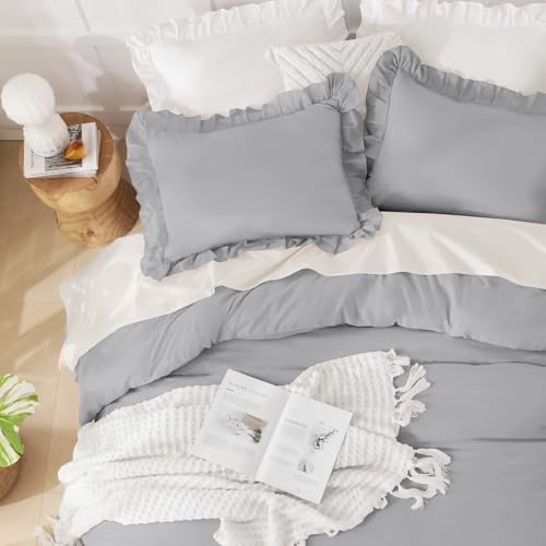 Andency Silver Gray Queen Comforter Set, 3 Pieces Shabby Chic Bedding