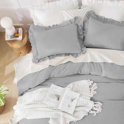 Andency Silver Gray Queen Comforter Set, 3 Pieces Shabby Chic Bedding
