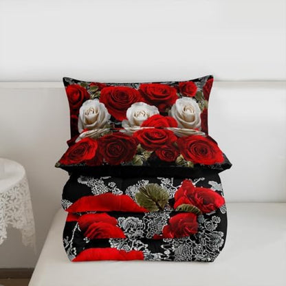 Red and White Rose Print Comforter Set Full Aldults Teens 3D Floral Room Decor Romantic Lace Pattern Bedding Set,Soft Lightweight Modern Flowers Duvet,Youth Young Man Quilt,1 Comforter + 2 Pillowcase