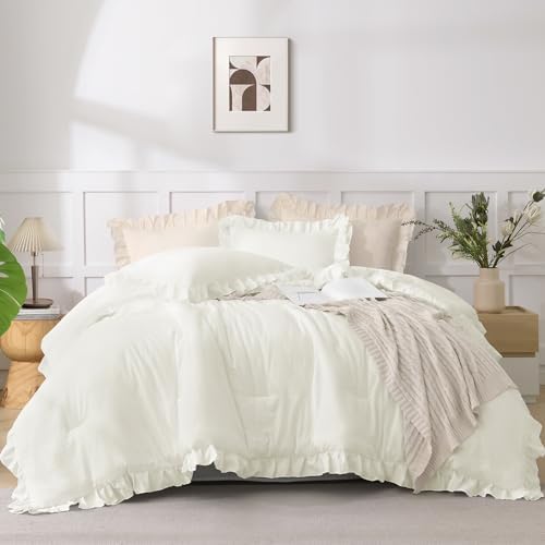 Andency Oversized King Ruffle Comforter Set, 3 Pcs Ivory Fluffy Bedding Set