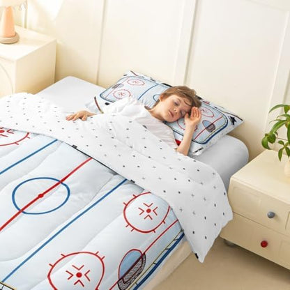 Castle Fairy Ice Hockey Rink Comforter Set Toddler Size,Ice Skates Helmet Glove Bedding Sets 2Pcs for Kids Girls Boys Room Decor,Cartoon Quilted Duvet Sport Theme Down Comforter,1 Pillowcase