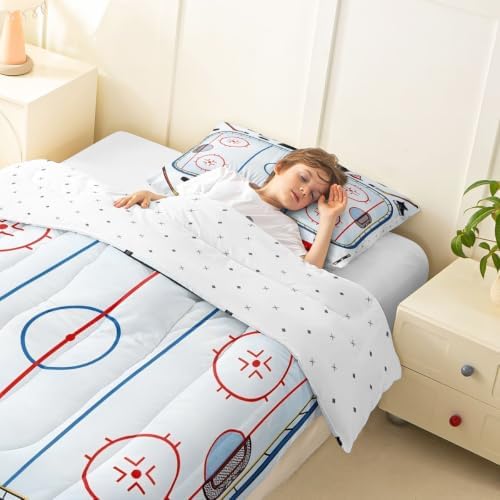 Castle Fairy Ice Hockey Rink Down Comforter Queen Size,Ice Skates Helmet Glove Bedding Sets 3Pcs for Kids Teens Woman Men Room Decor,Cartoon Quilted Duvet Sport Theme Bedspread,2 Pillowcases