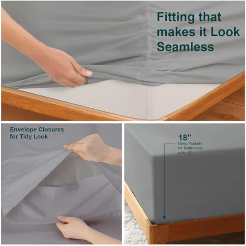 NON Sticky cotton 4 Piece Head Flex King Fitted Sheet Set for Sleep Number Adjustable Bed, 100% Long Staple Cotton Bed Sheets, 34" Top Split, Fits 18" Deep Mattress, 78" X 80", Light Grey Solid