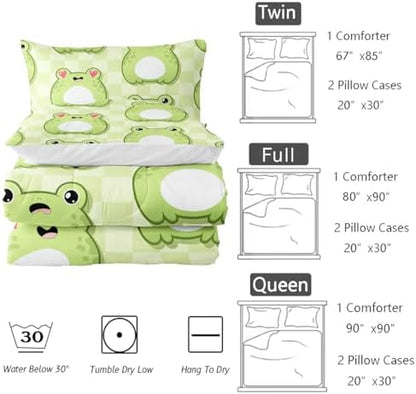 Nttopship Cartoon Frog Comforter Bedding Set with 2 Pillowcase Full Size Cute Animals Comforter Set for Kids Boys Girls Bedroom Decor