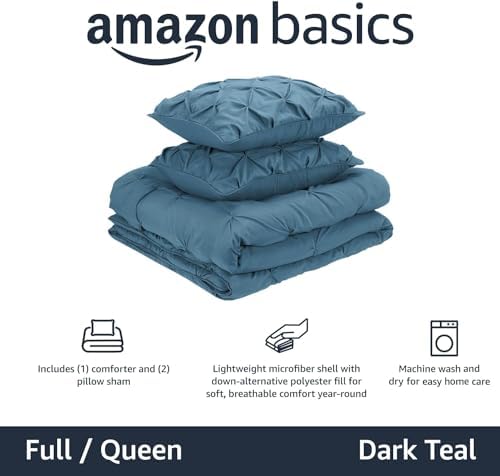 Amazon Basics All-Season Down-Alternative 3-Piece Comforter Bedding Set with Microfiber Pillow Shams, Pinch Pleat Design, Full/Queen, Dark Teal