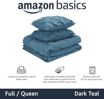 Amazon Basics All-Season Down-Alternative 3-Piece Comforter Bedding Set with Microfiber Pillow Shams, Pinch Pleat Design, Full/Queen, Dark Teal