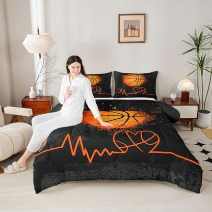 Sports Basketball Comforter Set for Boys Kids Girls 3D Basketball Black Gray Camo Quilt Set,Home Decor Soft Sport Games Bedding Set Hippie Graffiti Orange Teens Duvet Insert King Size 3pcs
