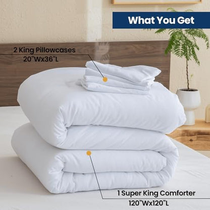 Paxrac White Super King Comforter Set 120x120In, 3 Pieces Oversized King Comforter Set, Lightweight Solid Bedding Set, All Seasons Soft Fluffy Bed Set (1 Comforter & 2 Pillowcases)