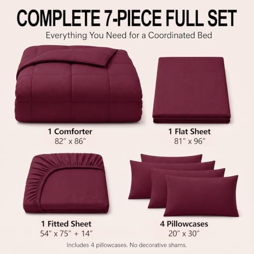 CozyLux Full Size Comforter Sets Burgundy - 7 Pieces Bed in a Bag