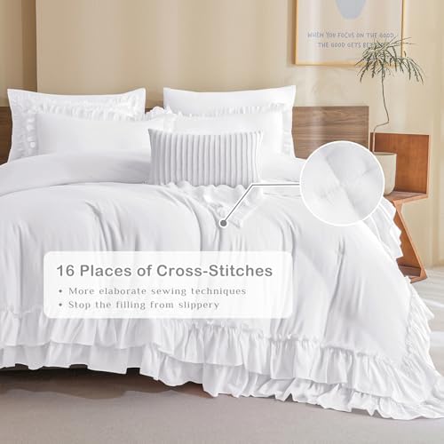 Masaca Ruffled Queen Comforter Set,Farmhouse Shabby Boho Chic Bedding Ultra Soft Fluffy French Country Ruffle Comforter Set 3-Piece (1 Bright White Comforter+2 Ruffle Pillow Shams)
