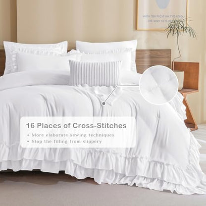 Masaca Ruffled Queen Comforter Set,Farmhouse Shabby Boho Chic Bedding Ultra Soft Fluffy French Country Ruffle Comforter Set 3-Piece (1 Bright White Comforter+2 Ruffle Pillow Shams)