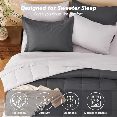 King Comforter Set with Sheets- 7 Pieces Bed in a Bag Grey Bedding Sets