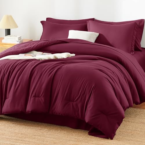 HIMEET Queen Comforter Set, 7-Piece Point-Quilted Bed in a Bag Burgundy