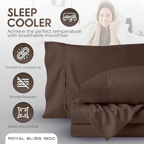 Top Split King Sheets Sets for Adjustable Bed, 4 Pcs Deep Pockets Double Brushed Microfiber Sheets, 34 Inch Split Top Fitted Sheet, 1 King Flat Sheet and 2 Pillowcases - Chocolate