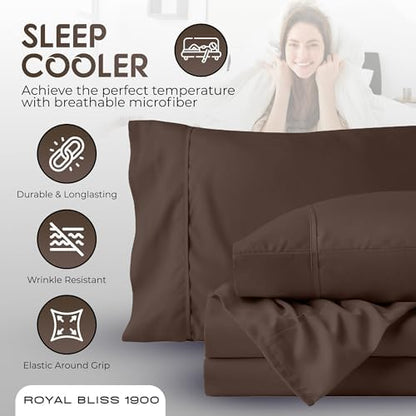 Top Split King Sheets Sets for Adjustable Bed, 4 Pcs Deep Pockets Double Brushed Microfiber Sheets, 34 Inch Split Top Fitted Sheet, 1 King Flat Sheet and 2 Pillowcases - Chocolate