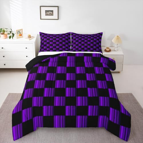 Feelyou Checkered Bedding Set for Boys Girls Abstract Ombre Comforter Set Toddler Size Modern Geometric Purple Black Duvet Quilt Cute Neutral Aesthetic Plaid Bedroom Decor 2 Pcs with 1 Pillow Cases