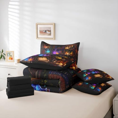 Erosebridal Retro Bookshelf Skull 7 Piece Bedding Set King Gothic Library Book Comforter Set with Sheets Retro Wizard Potion Bed in a Bag Halloween Plants Bed Sets Comforter