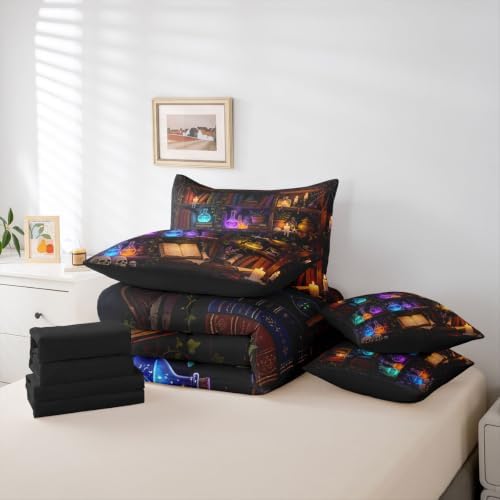 Erosebridal Retro Bookshelf Skull 7 Piece Bedding Set Twin Gothic Library Book Comforter Set with Sheets Retro Wizard Potion Bed in a Bag Halloween Plants Bed Sets Comforter