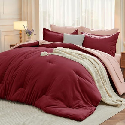 MUXHOMO 7 Pieces Oversized King Comforter Set, Soft Bed in a Bag Oversized King Size, All Season Bedding Set with Comforter, Flat Sheet, Fitted Sheet, Pillowcases & Shams, Burgundy & Rose Gold