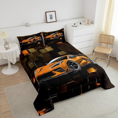 Erosebridal Boys Race Car Bedding Set King Size Orange Racing Car Comforter Set 3 Pieces Modern Geometric Grid Bedding Comforter Sets Cool Speed Car Down Comforter for Kids Teens
