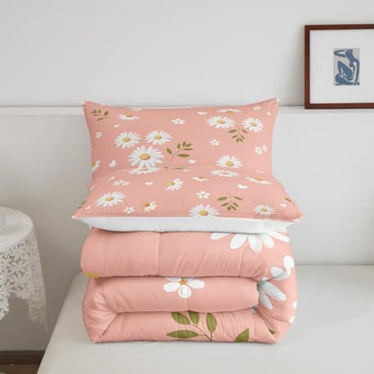 Homewish Girls Daisy Flowers Twin Size Comforter Set,Kids Petals and Leaves Decor All Season Bedding Set,Teens Pink and White Comforter,Children Daisy Decor Quilt Set Bedroom Collection 2Pcs