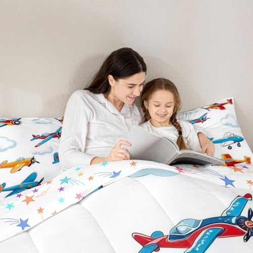 Erosebridal Colorful Aircraft Comforter Set Full, Cartoon Propeller Plane Airplane Bedding Set, Aviation Theme Comforter for Boys Kids Girls Teens Adults Child Bedroom, White Cloud Quilt