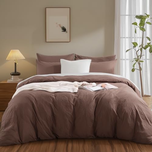NEXHOME PRO Full Duvet Cover Set 100% Certified Organic Cotton with Washed Feel & Linen-Like Texture, Comfortable & Breathable, Home Bedding Set Dark Brown (No Comforter)
