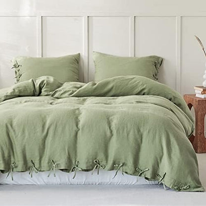 Simple&Opulence 100% Linen Duvet Cover Set 3pcs with Bowknot Ties Closure Natural French Washed Flax Solid Color Soft Breathable Farmhouse Bedding - Sage Green, Queen Size