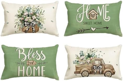 AVOIN colorlife Bless Our Home Farmhouse Eucalyptus Leaves Throw Pillow Covers, 12 x 20 Inch Green Truck Cushion Case Decorations Set of 4