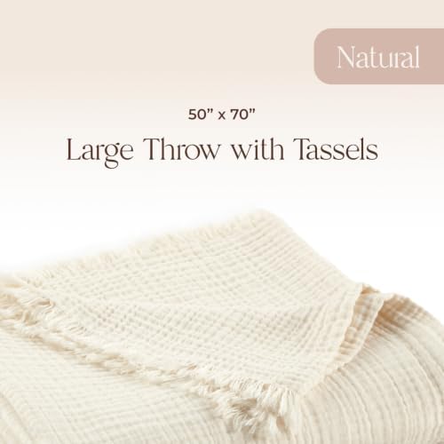 100% Cotton Organic Muslin Throw Blanket for Adults GOTS & Fairtrade Certified Organic Cotton - Couch Living Room and Bedroom Decor - 4 Layer Super Soft and Cozy (Natural, Large Throw)
