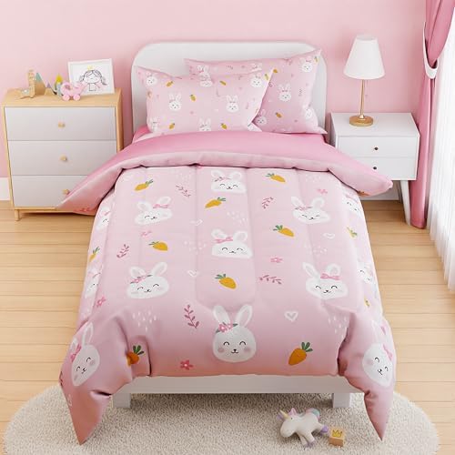 SANDJEST Rabbit Comforter Set Twin Size 68x86in for Kids Girls, Microfiber 3 Pcs Bedding Set Includes 1 Comforter, 1 Pillowcase, 1 Fitted Sheet, Nursery Room Decor