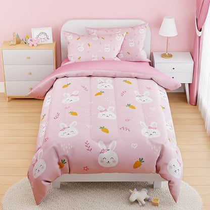 SANDJEST Rabbit Comforter Set Twin Size 68x86in for Kids Girls, Microfiber 3 Pcs Bedding Set Includes 1 Comforter, 1 Pillowcase, 1 Fitted Sheet, Nursery Room Decor