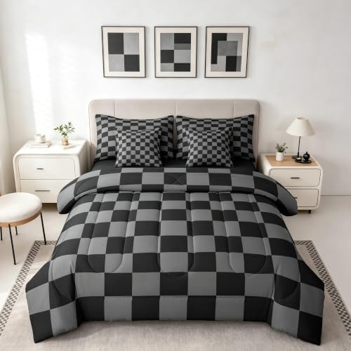 Checkered Retro Comforter Set Twin Size 7 Pieces Black Grey Plaid Bedding Set for Kids Boys Girls Geometric Vintage Bed in a Bag Modern Simple Groovy Aesthetic Bedroom Decor Quilted Lightweight