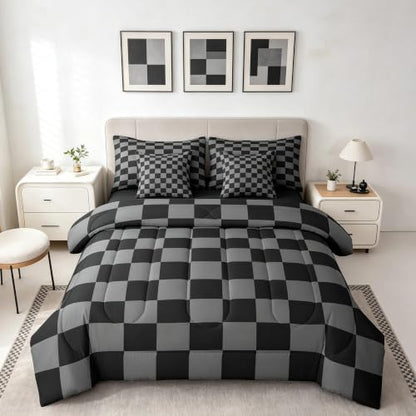 Checkered Retro Comforter Set King Size 7 Pieces Black Grey Plaid Bedding Set for Kids Boys Girls Geometric Vintage Bed in a Bag Modern Simple Groovy Aesthetic Bedroom Decor Quilted Lightweight
