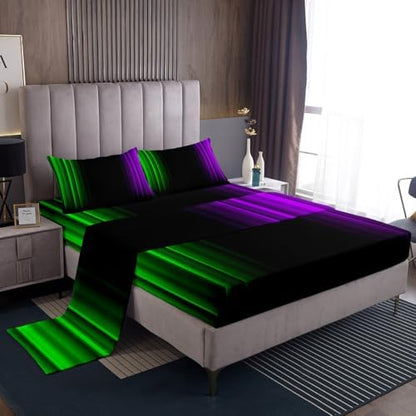 Feelyou Teens Abstract Ombre Decorations Bedding Set for Kids Women Green Purple and Black Bed Sheets Set Geometric Modern Fitted Sheet Sets Room 4Pcs King Size
