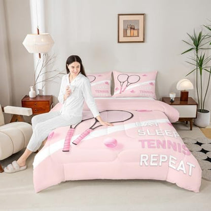 Castle Fairy Tennis Comforter Set Full Size Fashion Sports Ball Game Bedding Set Bedroom Decor Girly Pink Style Quilt Set for Kids Boys Girls Tennis Racket Duvet Insert 3Pcs