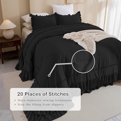 Masaca Oversized King Comforter Set 120x120,Farmhouse Shabby Boho Chic Black Ruffle California King Comforter Oversized French Country Rustic Bedding 3PCS (1 Ruffled Comforter+2 Pillow Shams)