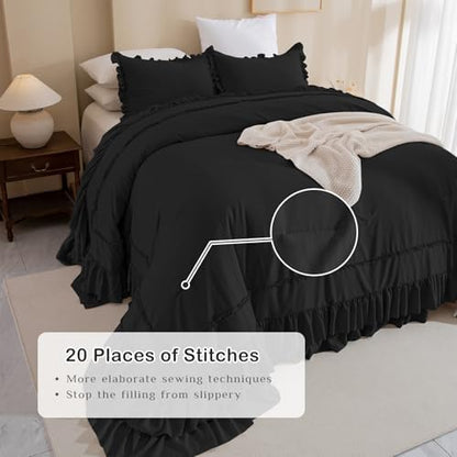 Masaca Oversized King Comforter Set 120x120,Farmhouse Shabby Boho Chic Black Ruffle California King Comforter Oversized French Country Rustic Bedding 3PCS (1 Ruffled Comforter+2 Pillow Shams)