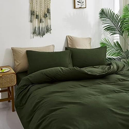 Wellboo Dark Green Comforter Sets Queen Size Solid Army Green Boho Bedding