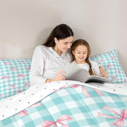 jejeloiu Blue Bowknot Comforter Set King Size Checkerboard Bedding Set for Kids Boys Girls Pink Bow Duvet Quilt Plaid Bedroom Decor Microfiber 3 Pcs with 2 Pillow Cases