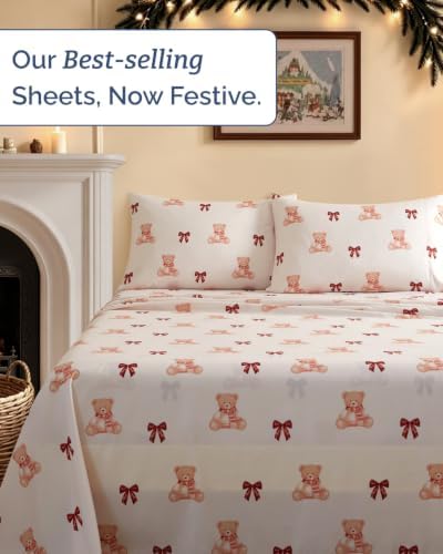 Christmas Sheet Set, Teddy Bears, Holiday Xmas Bedding Set - Cal King Size